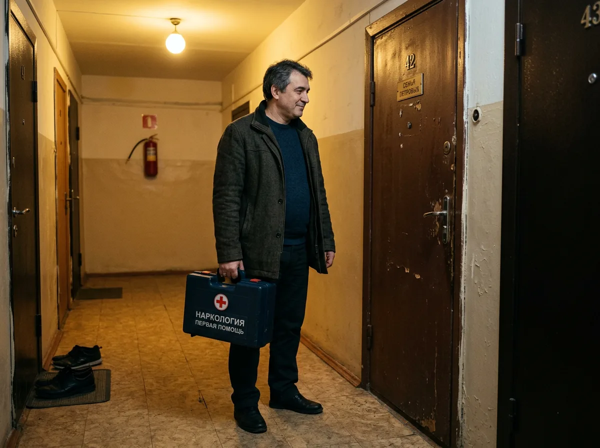 Врач-нарколог в гражданской одежде с медицинским чемоданчиком у двери квартиры в Екатеринбурге, ночное время, мягкое освещение, доверительная атмосфера