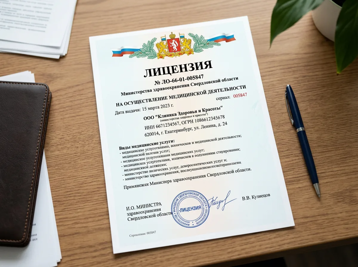 Лицензия № ЛО-66-01-005847 Министерства здравоохранения Свердловской области на осуществление медицинской деятельности, официальный документ на белом листе с гербом и подписями