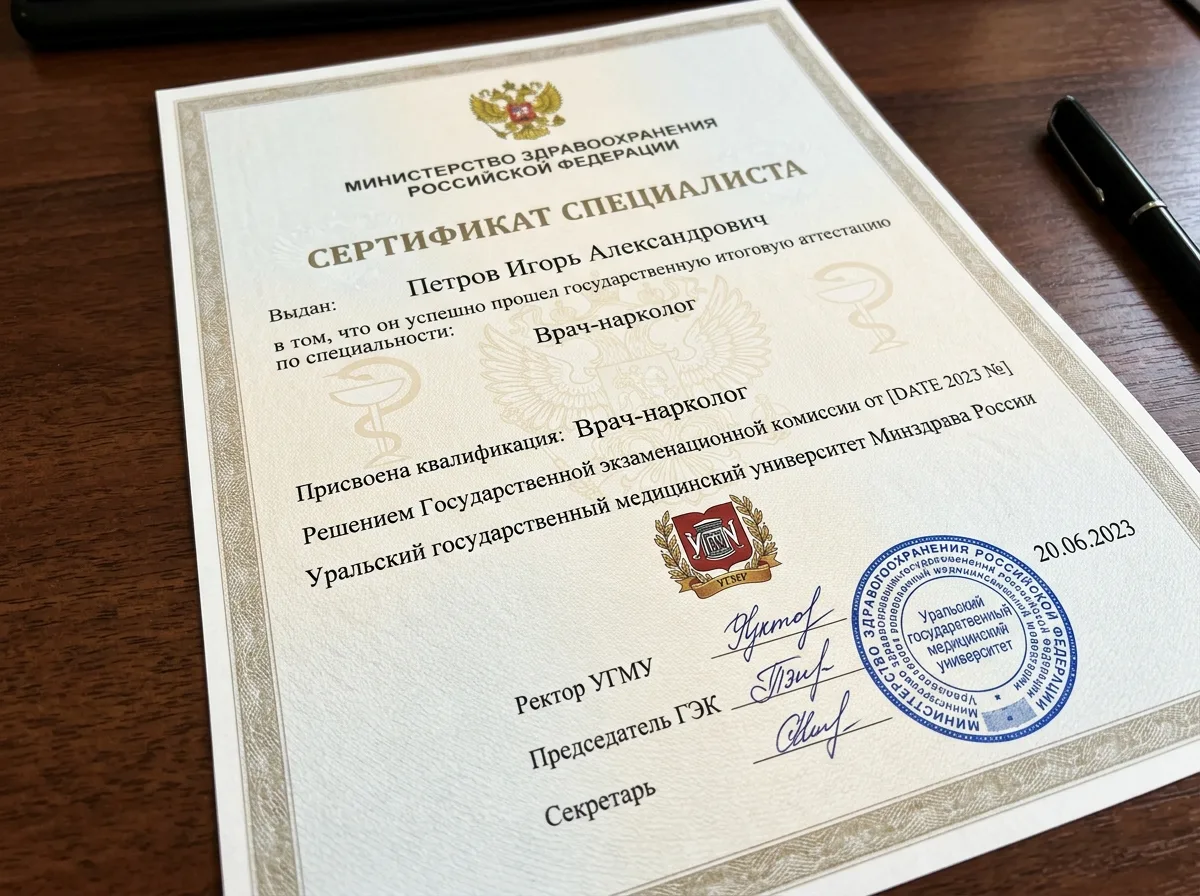 Сертификат специалиста врача-нарколога Петрова Игоря Александровича, диплом государственного образца УГМУ, печать Минздрава России