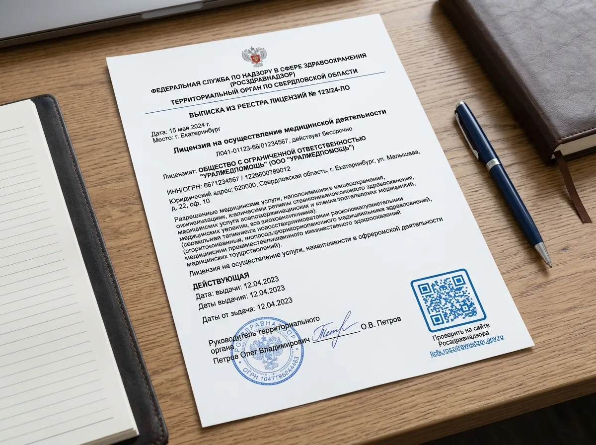 Выписка из реестра лицензий Росздравнадзора на медицинскую деятельность ООО УралМедПомощь, официальный бланк с QR-кодом и подписью